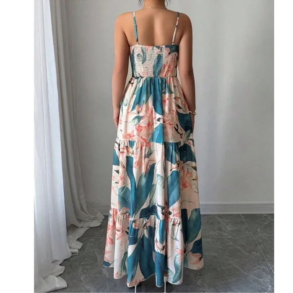 Boho Floral Tropical Print Front Tie Cami Maxi Dress S M L XL - Picture 5 of 5